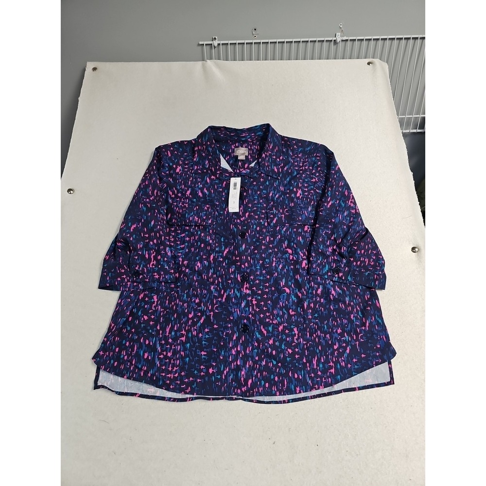 NEW Chicos Sz XL 3 Blue Pink 3/4 Sleeve Summer Button Up Shirt Top Art To Wear - Picture 1 of 9